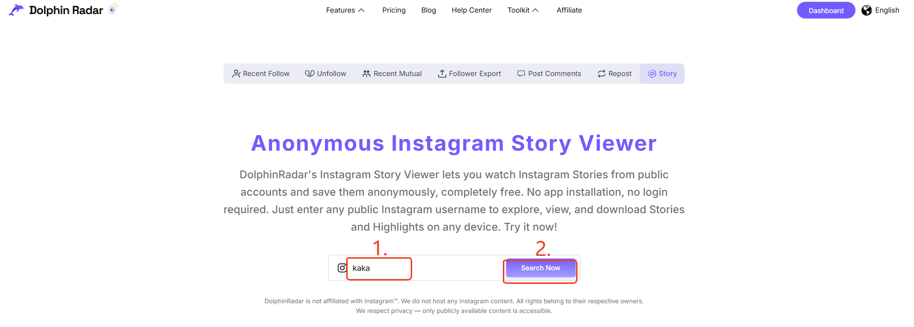 Anonymous Instagram story viewer username search field with no-login access