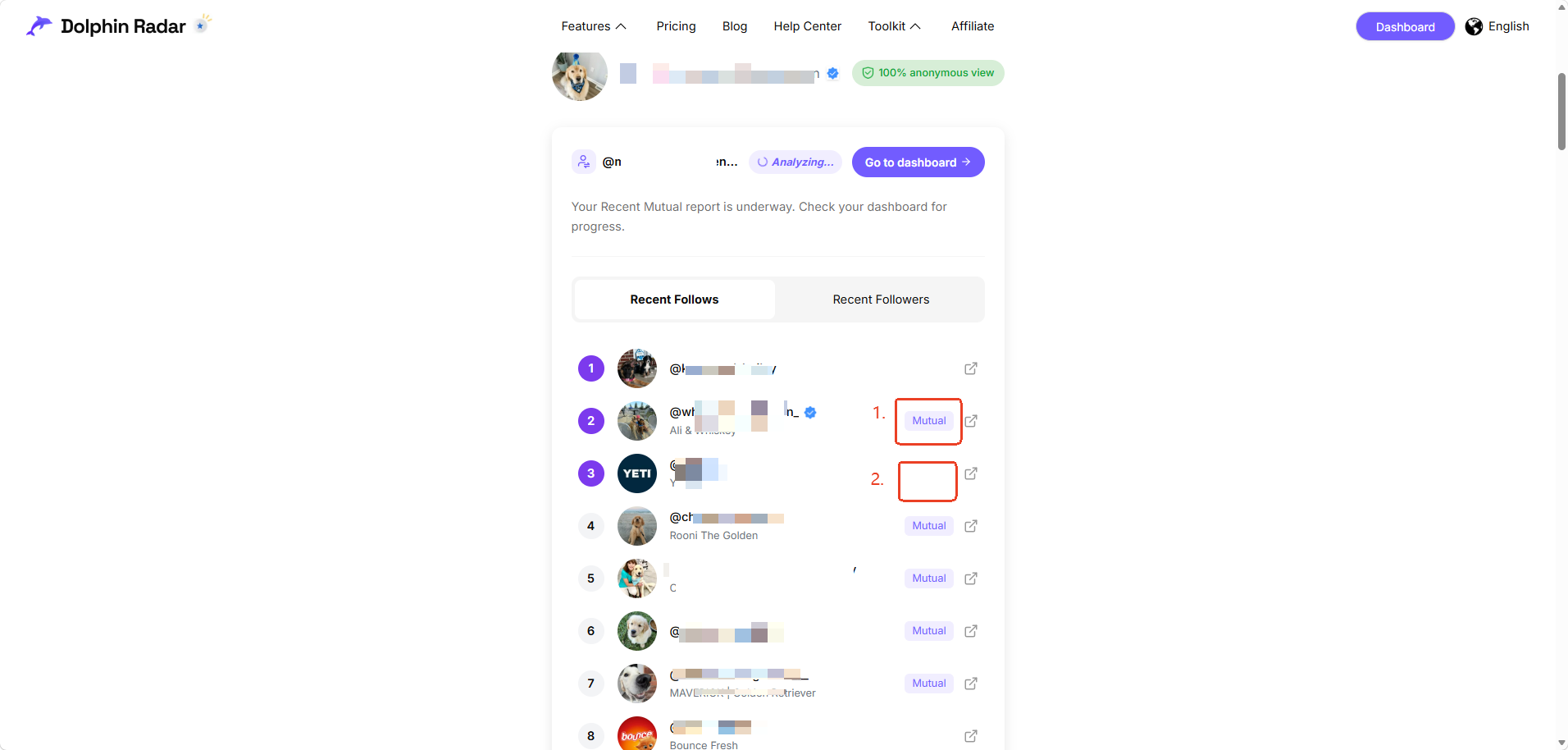 Recent mutual followers results showing the selected public profile and mutual connection tab.