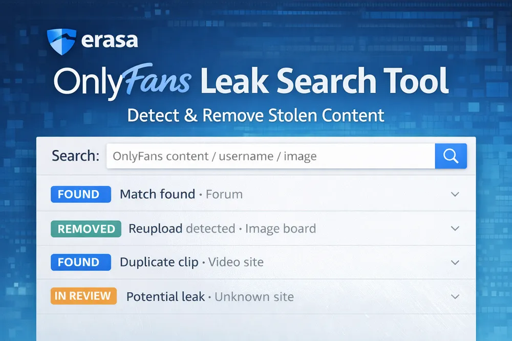 OnlyFans leak search tool interface showing search results with found, removed, and in-review stolen content detected across forums, image boards, and video sites