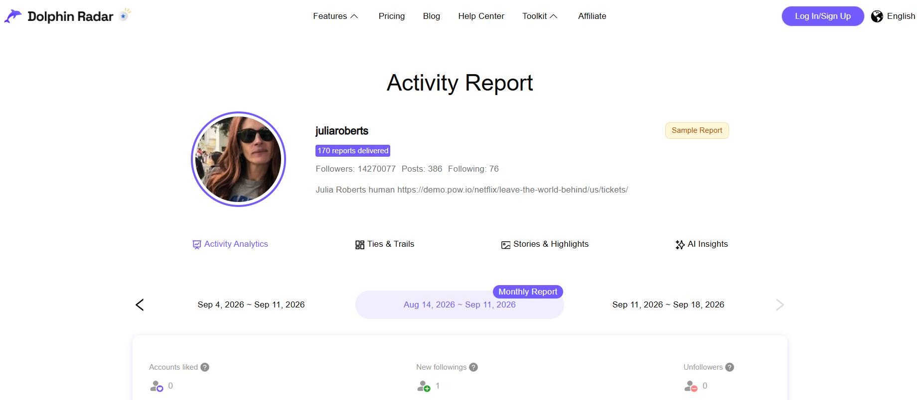 DolphinRadar public Instagram activity report sections