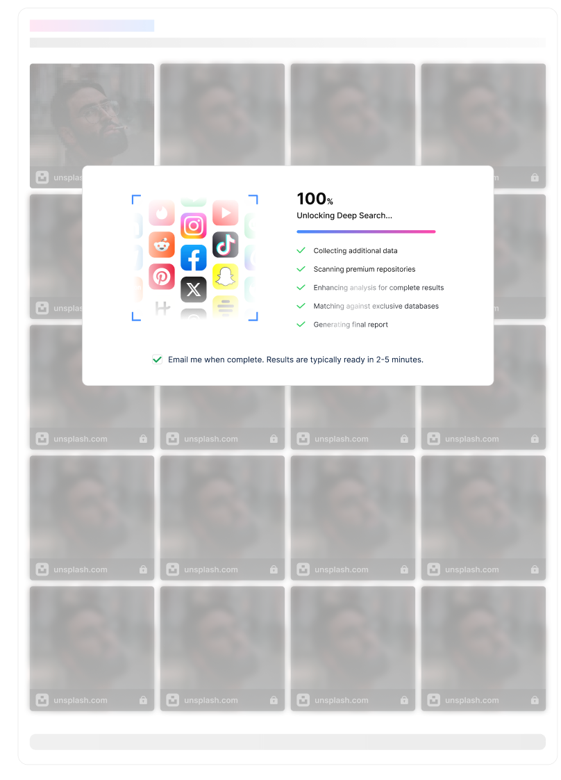Reverse image search scanning social media platforms to detect catfish and reused profile photos