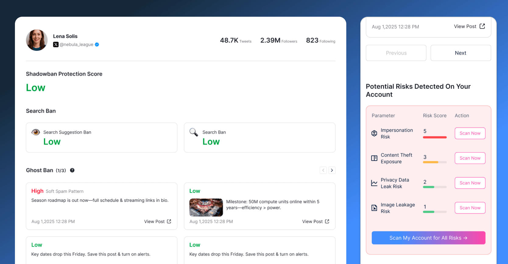 Example of TikTok shadowban test results showing visibility status, FYP reach signals, and search discoverability analysis.