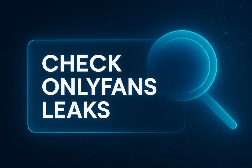 Check OnlyFans Leaks banner with magnifying glass icon on a blue tech background, representing content leak detection.