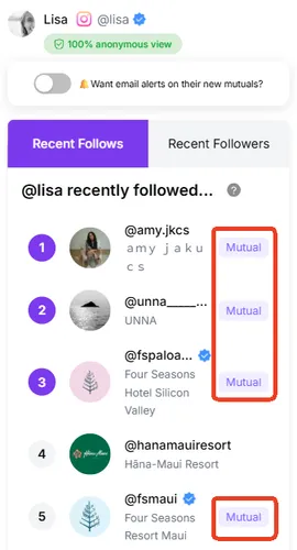 sample of DolphinRadar's new mutual followers tracker