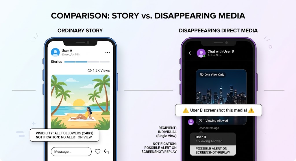 Instagram screenshot notification comparison for Stories and disappearing direct messages