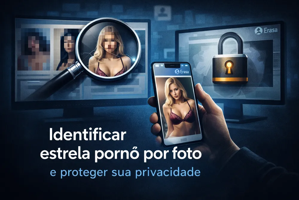 Ilustração sobre identificar estrela pornô por foto e proteger a privacidade online