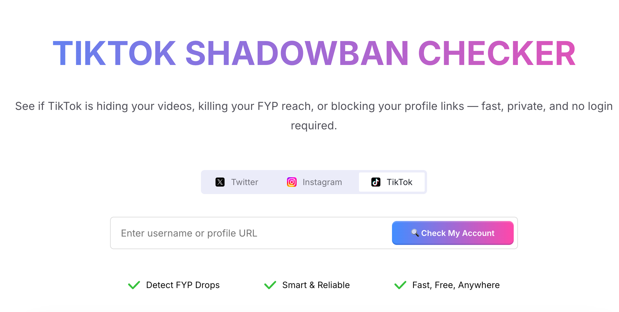 Screenshot of the TikTok Shadowban Checker input page where users enter their TikTok username to start a free shadowban test.