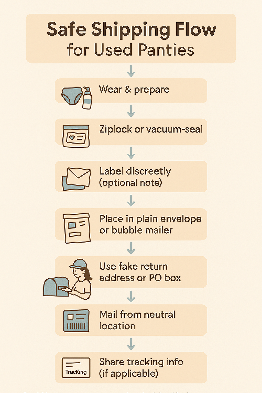 Step-by-step safe shipping flow for used panties, showing how to discreetly package, seal, and mail worn underwear anonymously with tracking and privacy precautions.