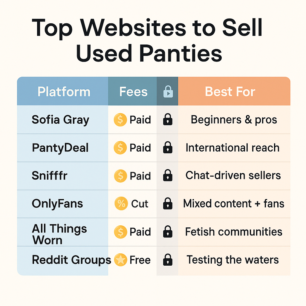 Comparison chart of top websites to sell used panties, showing Sofia Gray, PantyDeal, Snifffr, OnlyFans, All Things Worn, and Reddit Groups with details on fees and best use cases.