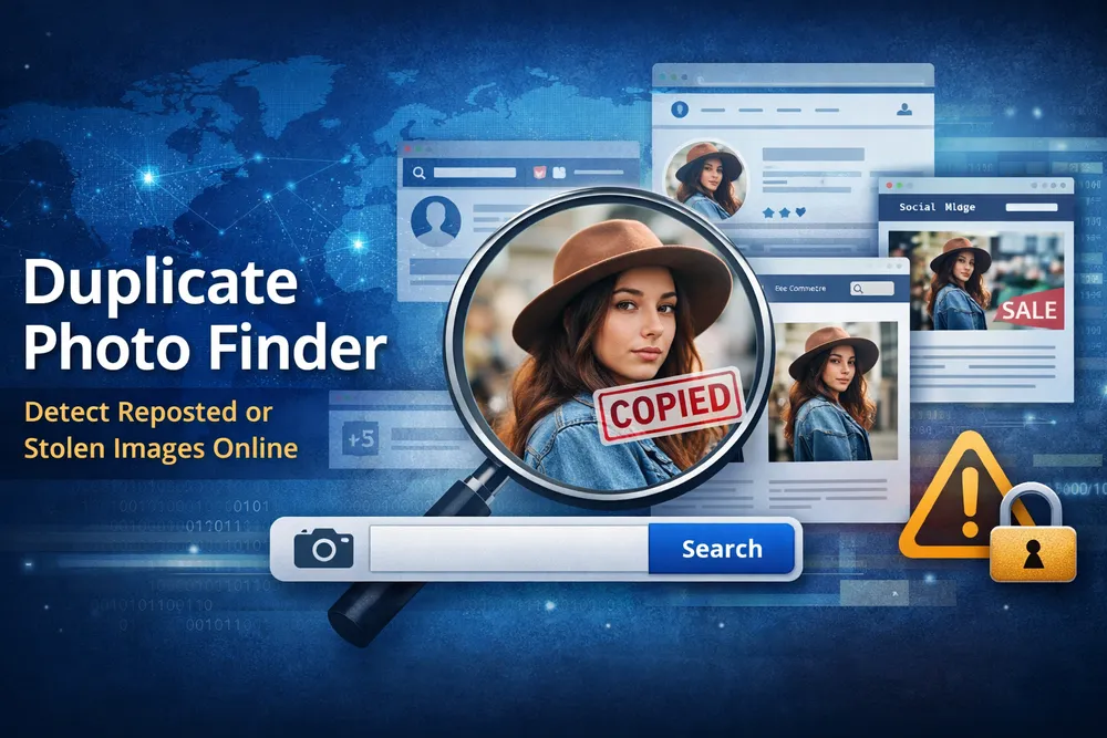 Duplicate photo finder detecting reposted or stolen images online using reverse image search