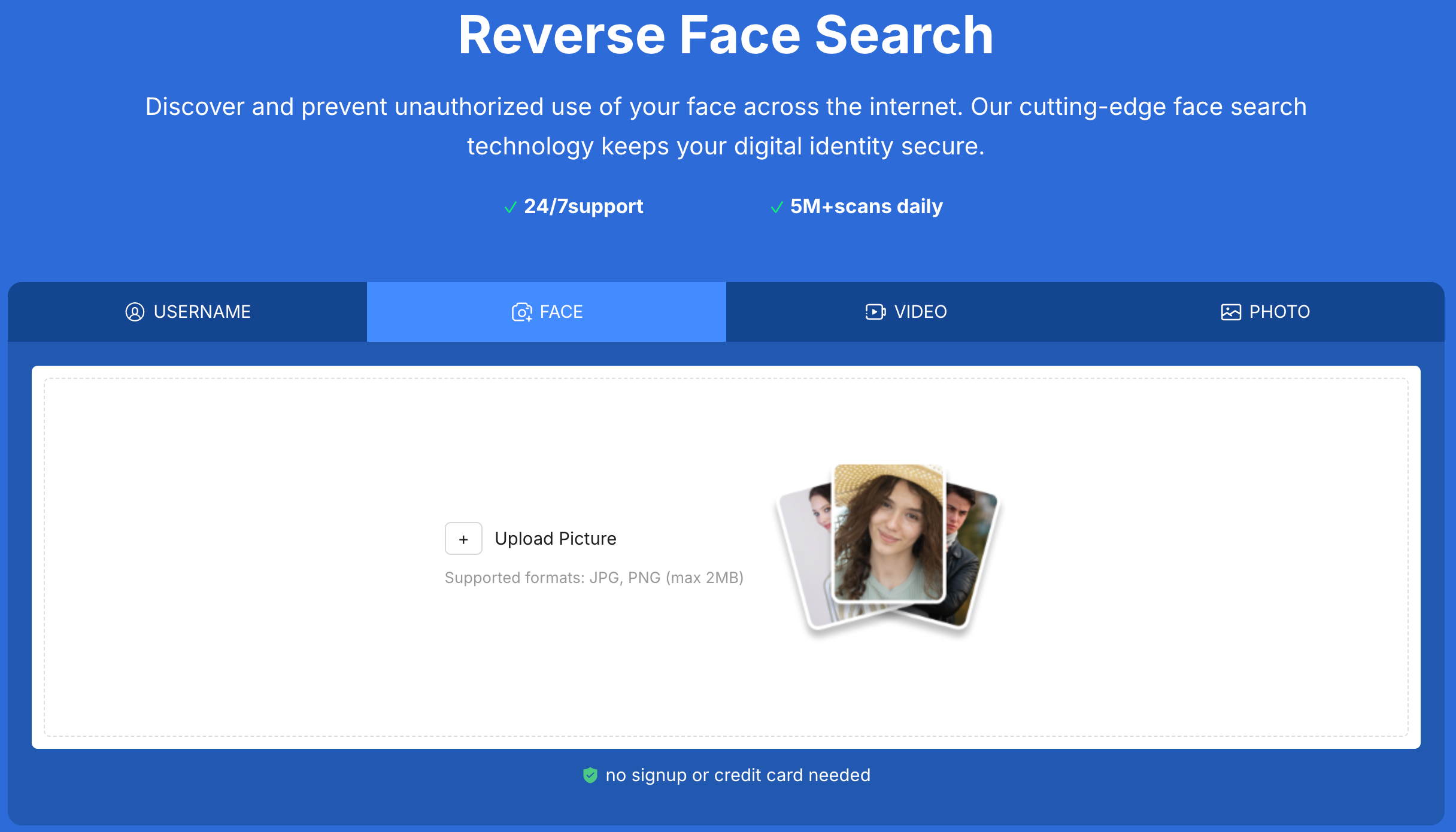 Screenshot of the Erasa Reverse Face Search tool interface showing the upload section for scanning a face online