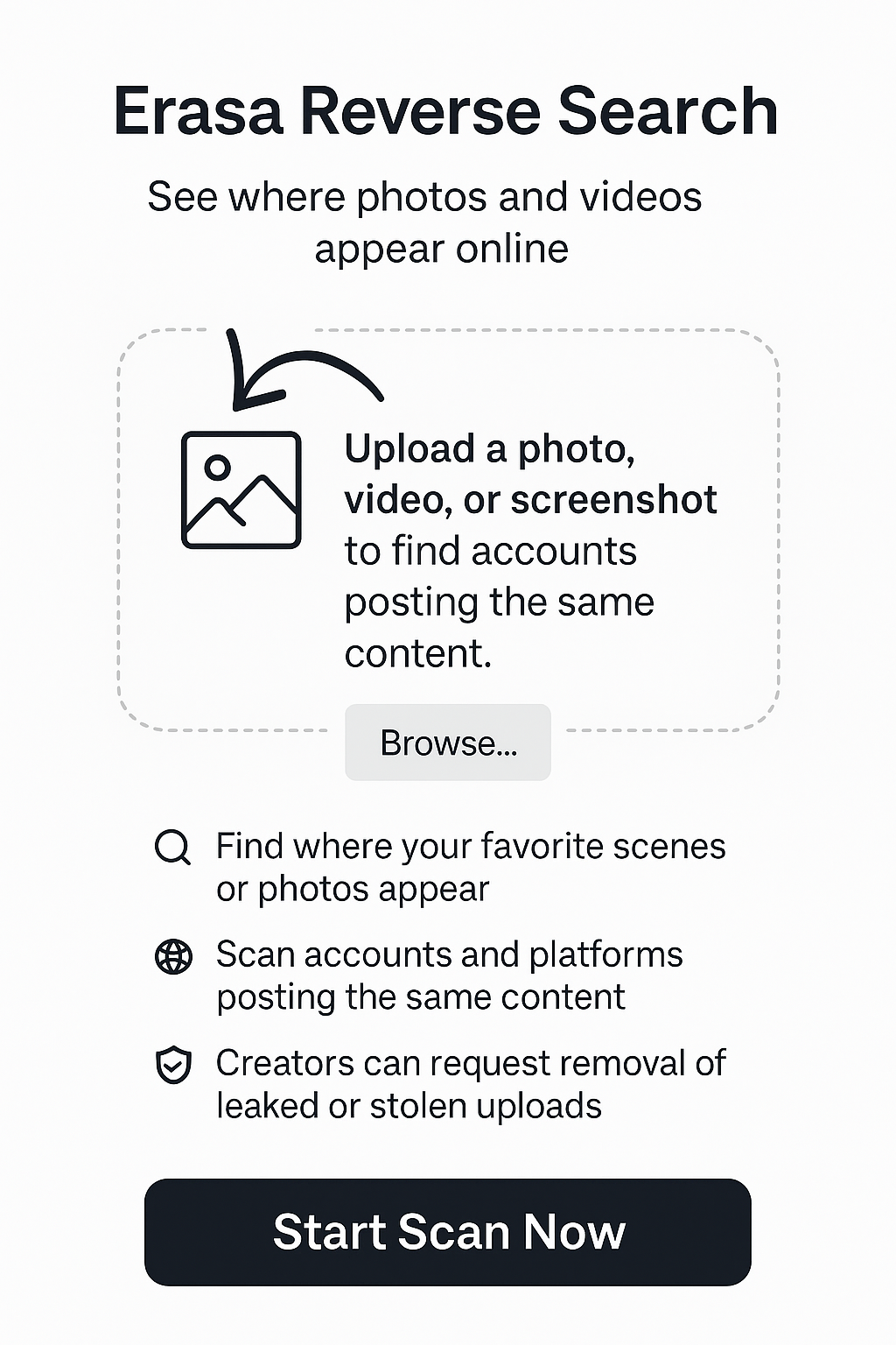 Erasa Reverse Search – AI-powered pornstar identifier tool to upload a photo, video, or screenshot, trace where adult performer content appears across the web, find accounts posting it, and request removal of leaked or stolen uploads.