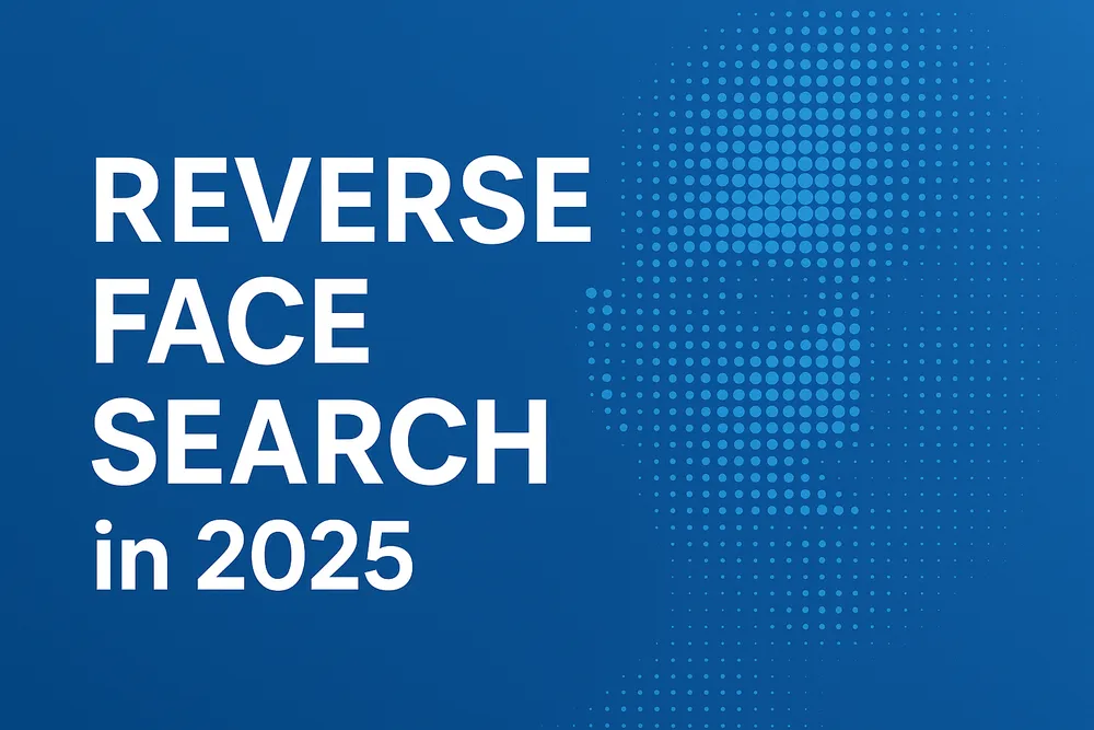 Reverse Face Search in 2025 banner featuring a digital dotted human face silhouette on a blue background